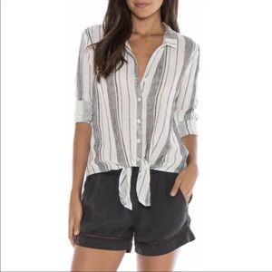 Cloth & Stone Tie Front Button Blouse Linen Blend Long Sleeve White Stripe Large